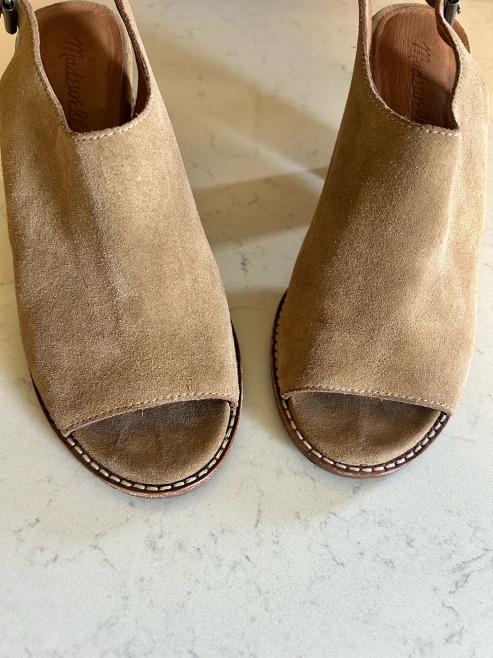 Madewell The Cary Sueded Peep Toe Heeled Sandal Mule Ankle Bootie in Faded Birch - Picture 12 of 16